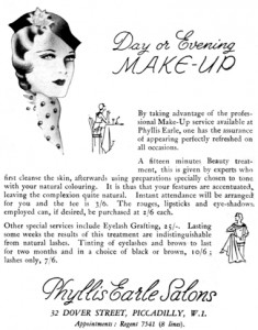 1932 Phyllis Earle Eyelash Grafting service. “Lasting some weeks the results of this treatment are indistinguishable from natural lashes.”