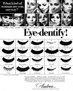 1969 False eyelashes from Andrea showing some of the strip eyelashes forms that were available in the 1960s.