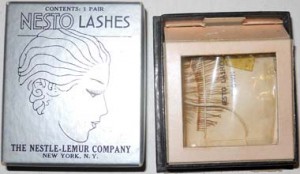Nestolashes No. 1 for street wear. They came in blond, brown, dark brown and black shades. Nestolashes No. 2 were for stage and screen and only came in black. “Directions for Eyelashes To apply: Spread a very thin film of Nestoline on foundation with a stick. Wait about one-half minute to allow Nestoline to dry a little and press against your own lid directly above your own lashes. To Remove: Catch he foundation with your fingernail and lift away. do not pull by the hairs. To Cleanse: Dampen foundation with water and rub very gently with fingers.”