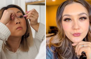 Woman applying fake eyelashes/Woman posing wearing fake magnetic eyelashes