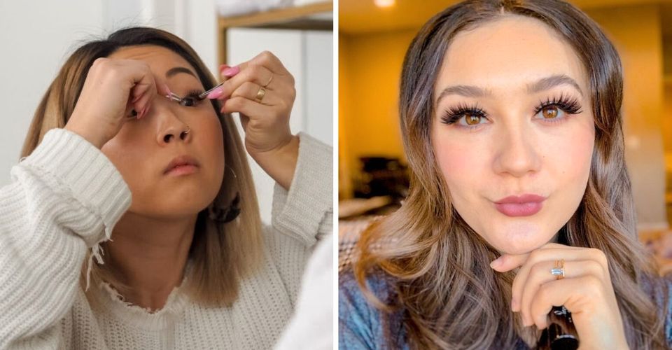 Woman applying fake eyelashes/Woman posing wearing fake magnetic eyelashes